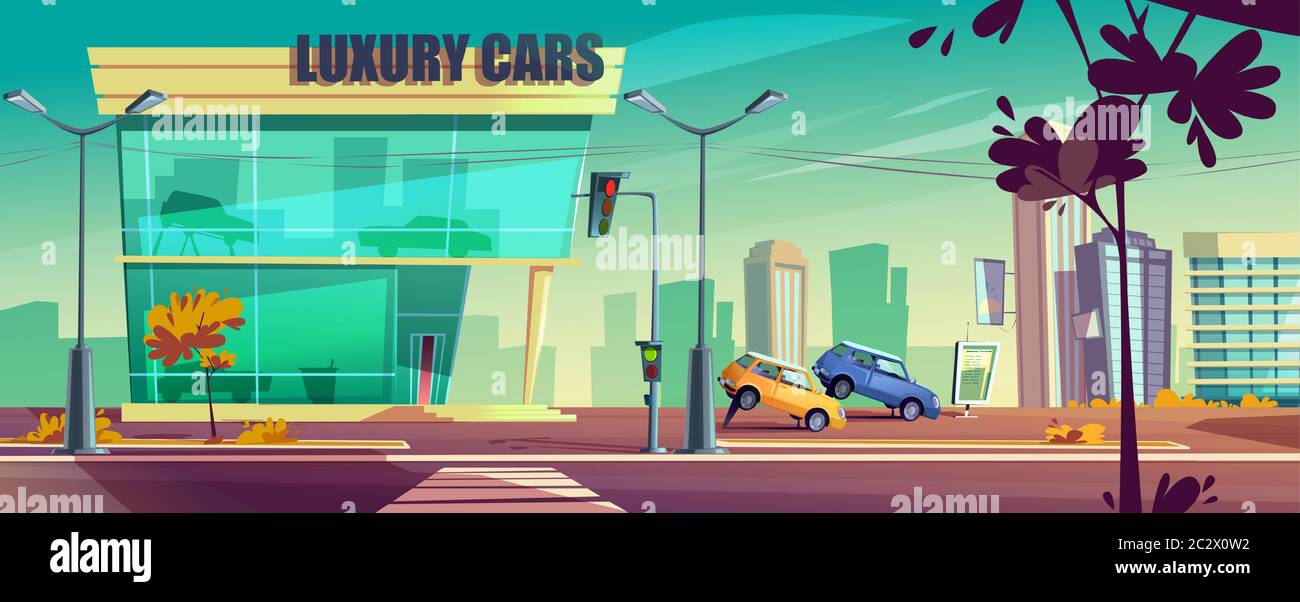 Car showroom with automobiles on stand on city street. Vector cartoon urban  landscape with auto dealership of luxury cars. Building of vehicle shop wi  Stock Vector Image & Art - Alamy