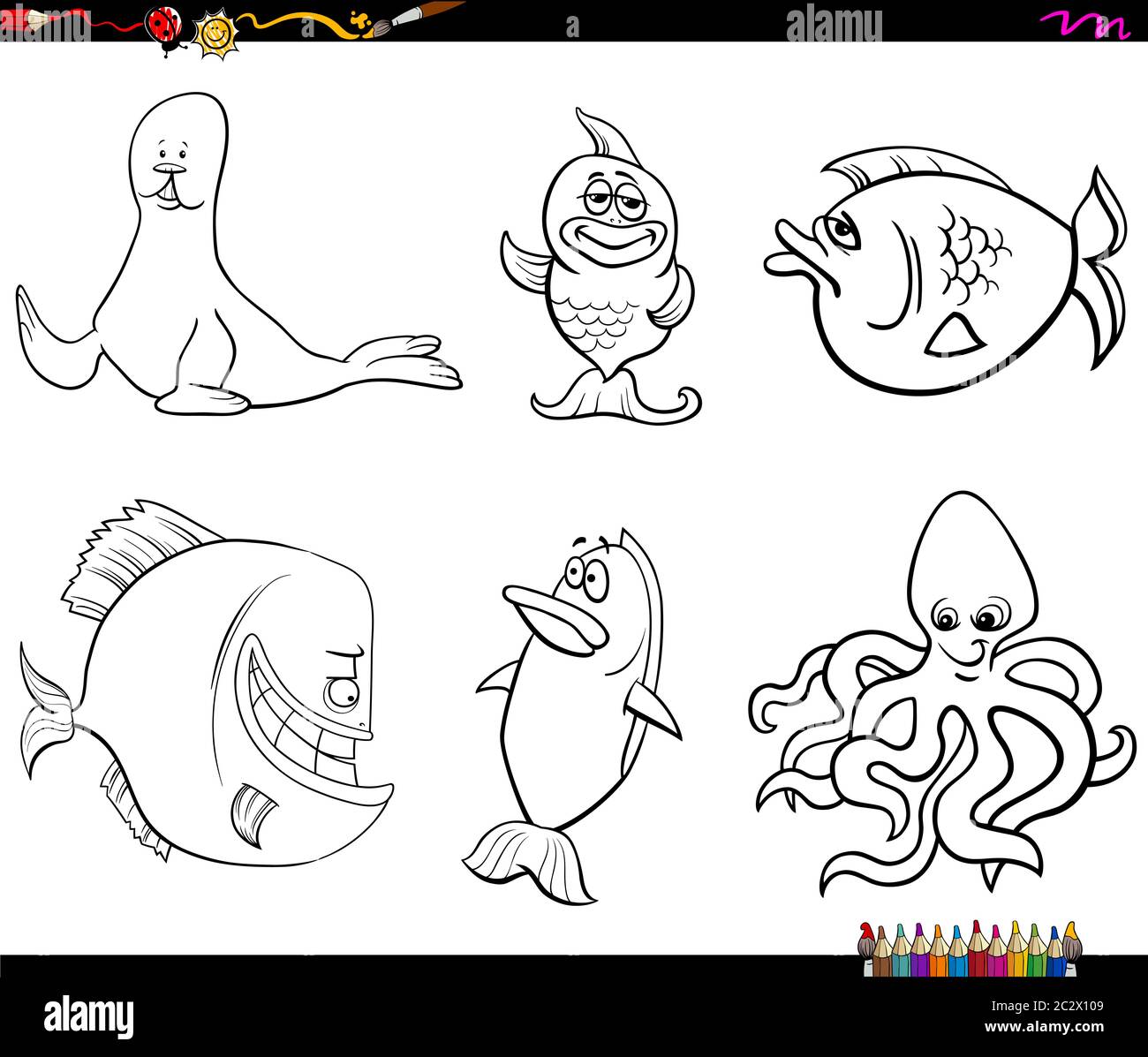cartoon sea life animal characters coloring book page Stock Photo - Alamy