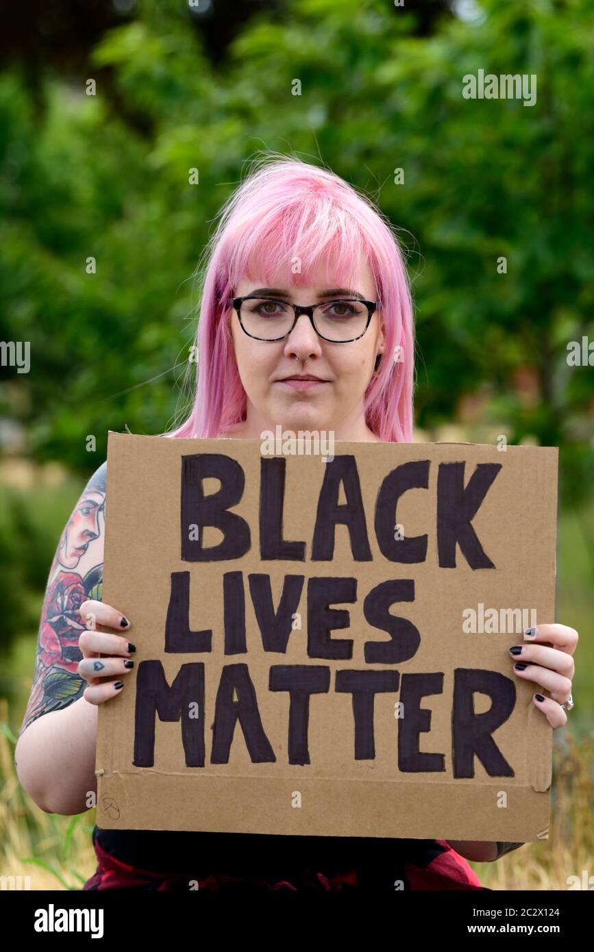 Black Lives Matter protest following the killing of George Floyd (14 October 1973-25 May 2020) in the USA by police officer, Bordon, Hampshire, UK. Stock Photo