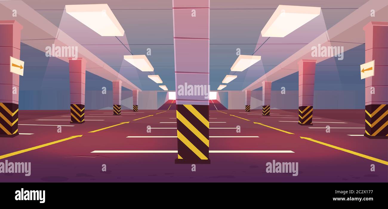 Underground car parking. Empty basement garage with road marking lots for automobiles, guiding arrows on road and columns to entrance. Vector cartoon Stock Vector