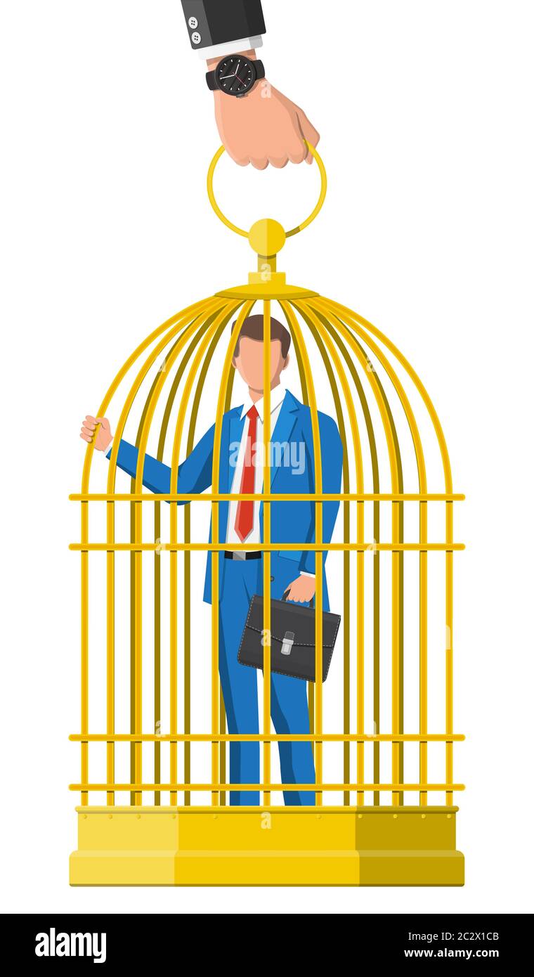 kommentator Baron Utænkelig Business man locked in birds cage. Businessman man in golden cage. Feeling  trapped at work. Concept of being rich but not free and overwork. Flat  vector illustration Stock Vector Image & Art -
