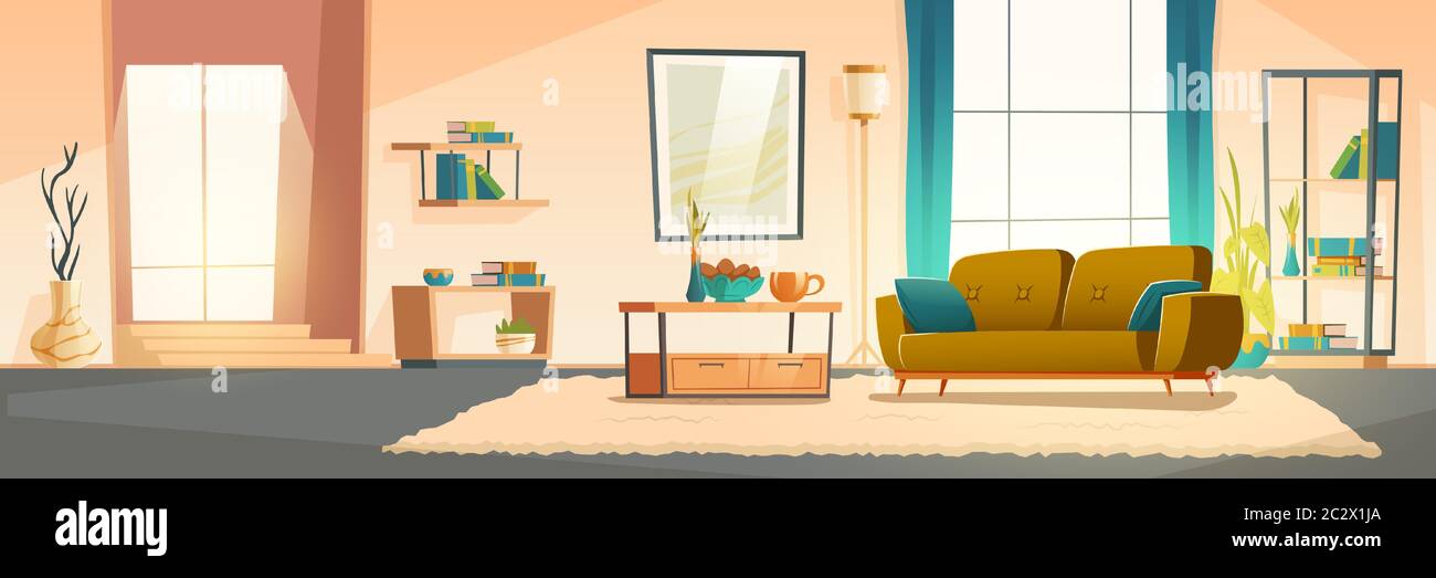 Living room interior with sofa, bookshelves and plants. Vector cartoon  illustration of modern lounge with big window, blue curtains, carpet and  pictur Stock Vector Image & Art - Alamy