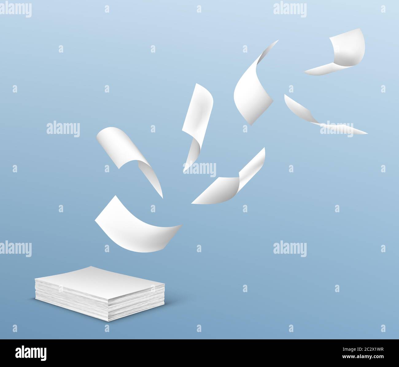 Flying white paper sheets from stack of documents. Vector realistic illustration of chaotic flight of blank note pages on wind on blue background. Off Stock Vector