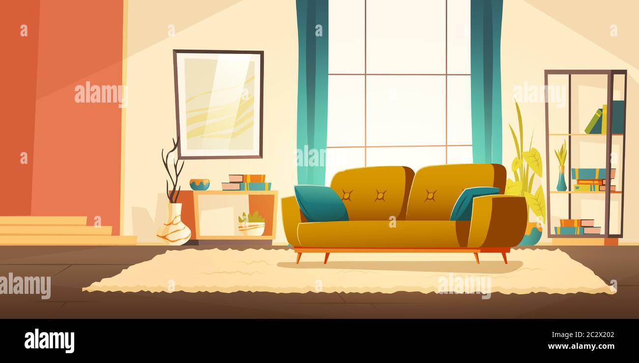 Living Room Interior With Sofa Bookshelves And Plants Vector Cartoon Illustration Of Modern Lounge With Big Window Blue Curtains Carpet And Pictur Stock Vector Image Art Alamy
