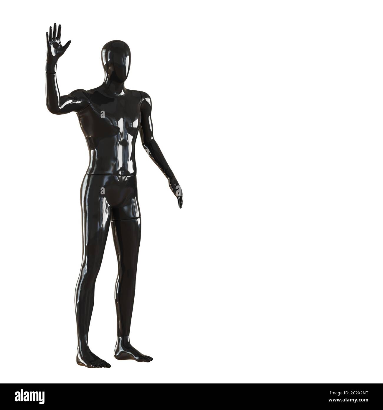 A black faceless guy mannequin stands and shows a gesture of greeting with his right hand. 3D rendering Stock Photo