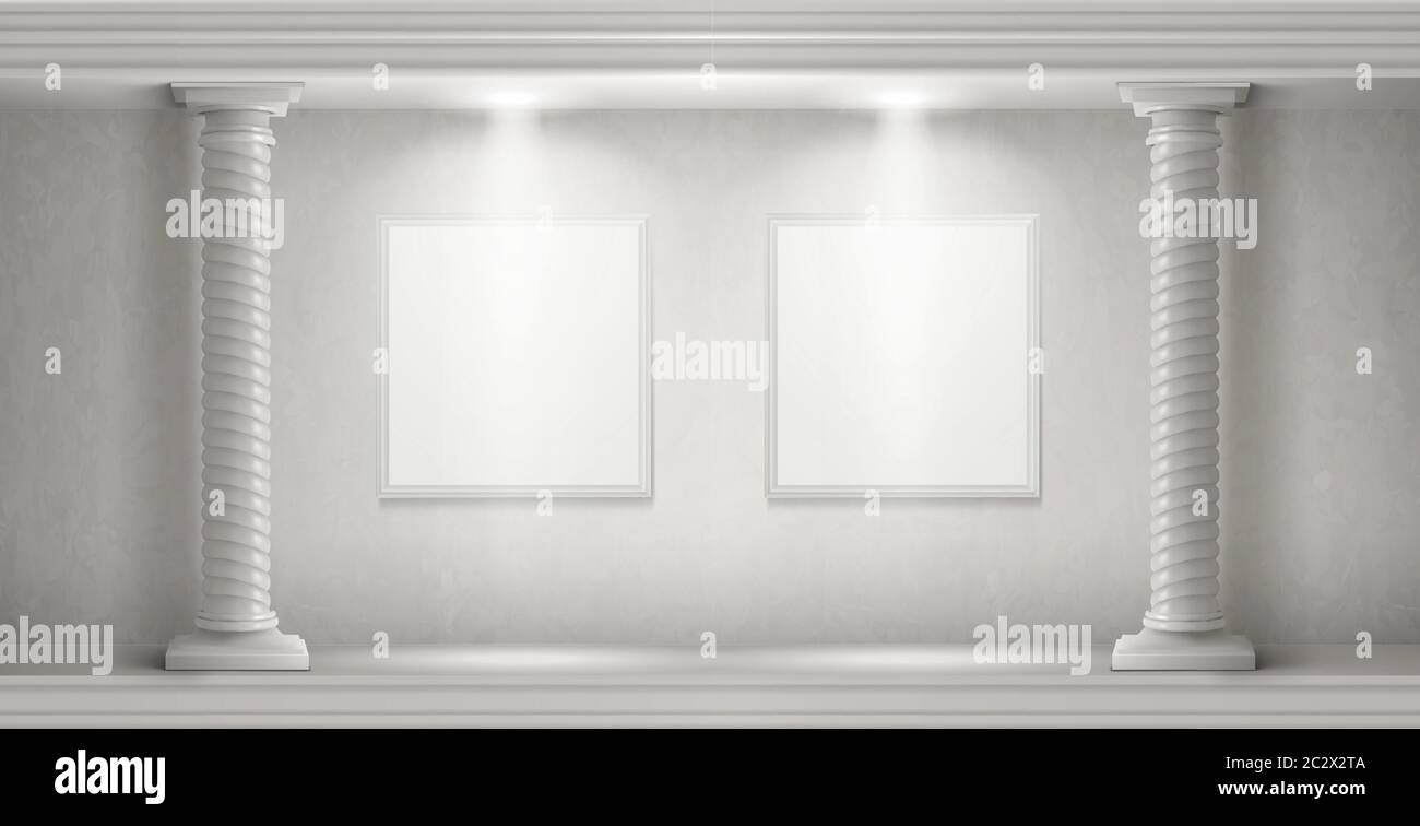 Museum interior in antique castle with blank paintings frames illuminated by spotlights. Vector realistic empty gallery room with white marble twisted Stock Vector
