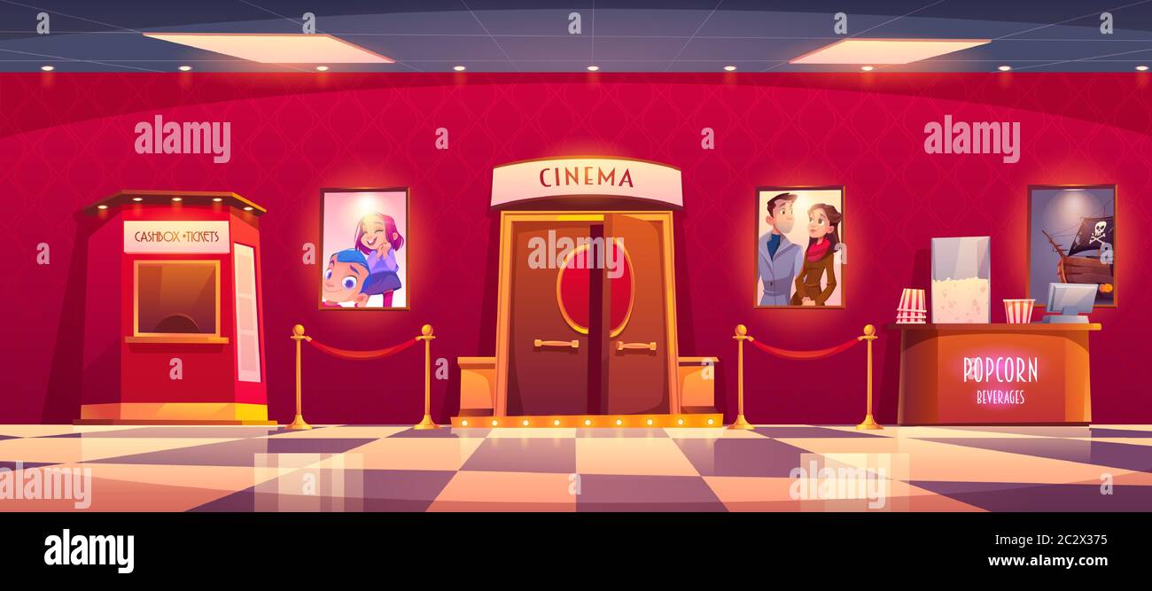Cinema with cashbox and counter with popcorn. Vector cartoon illustration of luxury movie theater interior with tickets and snack shop, film posters a Stock Vector