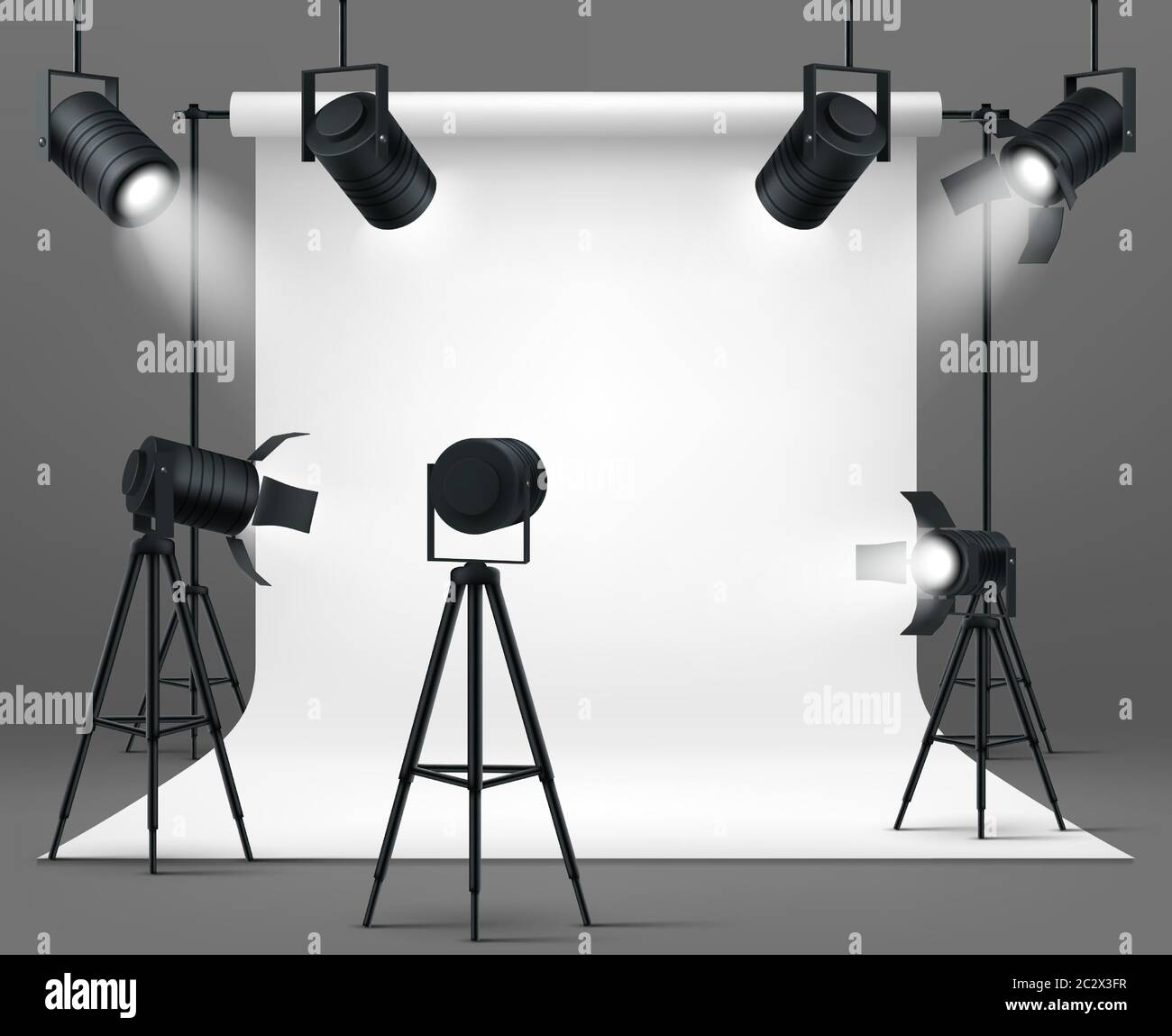 Photography studio interior with spotlights and white paper background. Vector realistic mockup of professional photo equipment in empty room, glowing Stock Vector