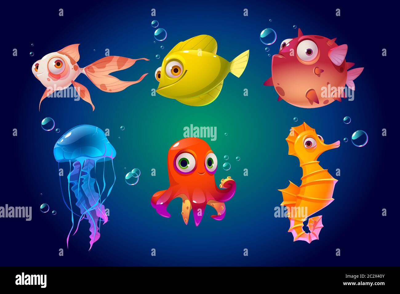 Cute sea animals, fish, octopus, jellyfish. Vector cartoon characters in  ocean. Funny underwater creatures seahorse, puffer fish. Tropical aquatic  fau Stock Vector Image & Art - Alamy