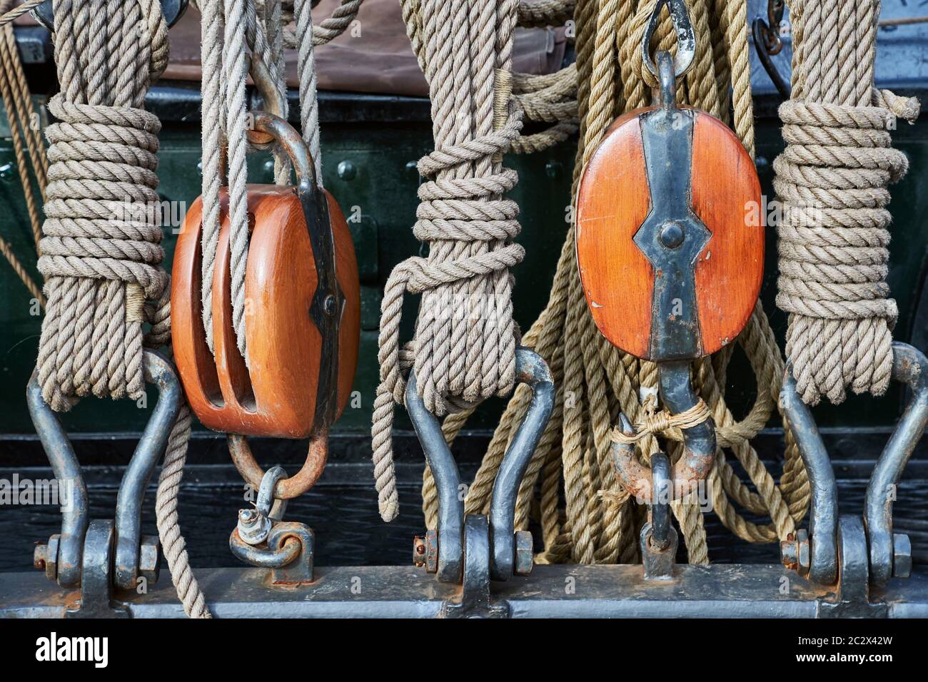 Old sailing ship rigging details, ropes and pulleys Stock Photo Alamy
