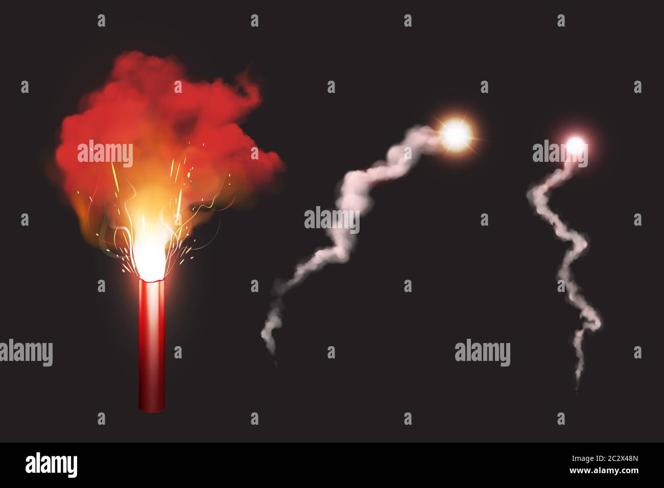 Burn red gun flare, sos fire light signal for emergency on road or sea. Glowing torch with sparks and color smoke isolated on black background. Igniti Stock Vector