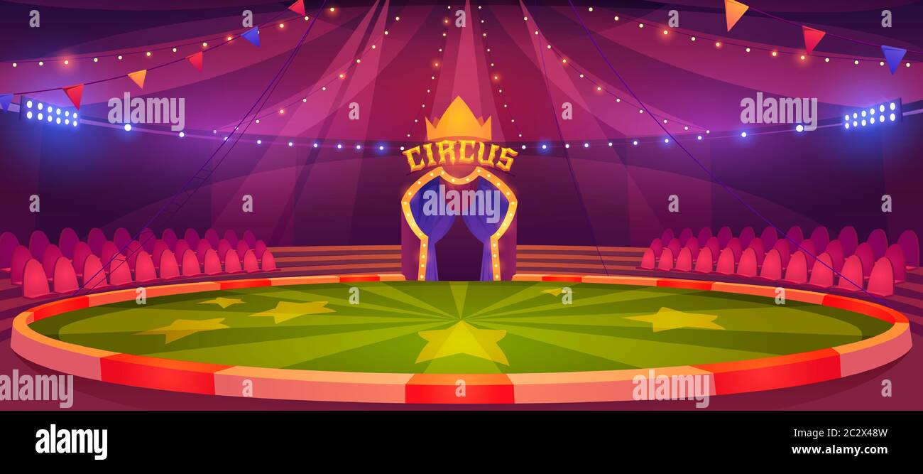 Circus arena, round stage for performance, carnival show. Vector cartoon empty interior inside of cirque tent with scene, seats, flags and searchlight Stock Vector