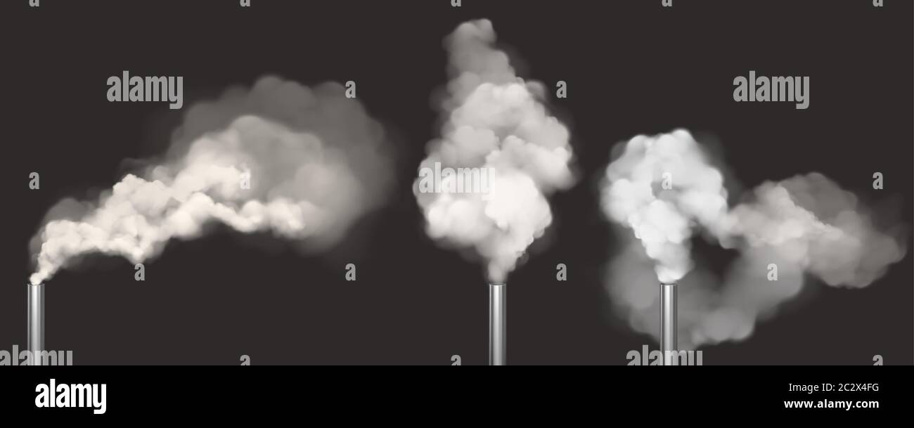 Chimneys with smoke, pipes with steam set. Industrial smog white clouds, factory or plant flues isolated on black background, environmental air pollut Stock Vector