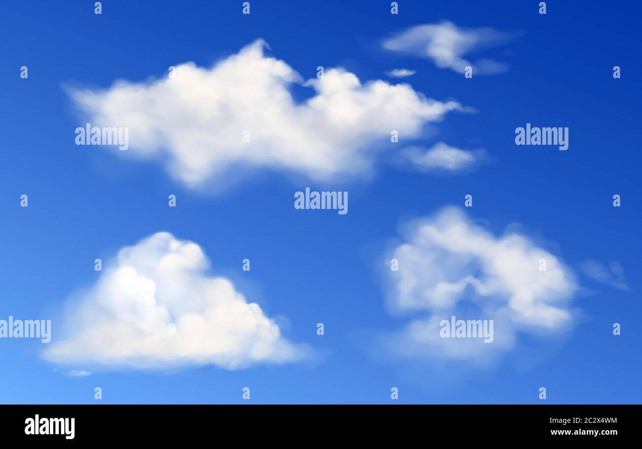 White clouds in blue sky. Vector realistic fluffy different shapes clouds in clean heaven in summer or spring day. Sunny clear weather Stock Vector