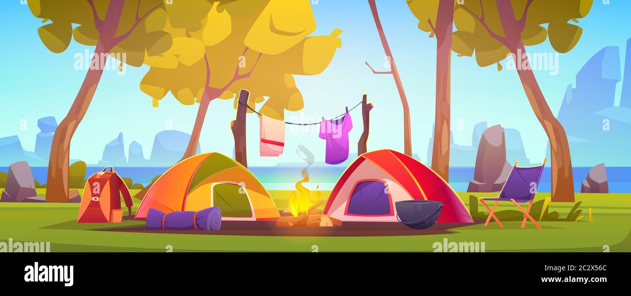 Summer camp with tent, campfire, trees, lake and mountains on background. Vector cartoon landscape of natural parkland, countryside. Picnic on river b Stock Vector