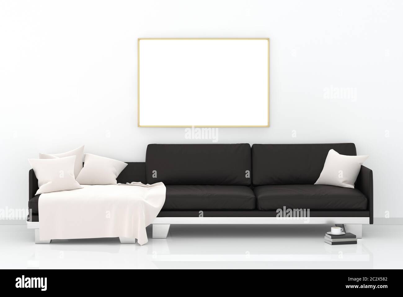 Mock up canvas poster print with black couch sofa, pillow, books and tea cup. Clean white wall Background. Stock Photo