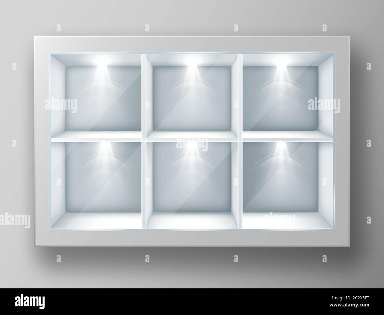 White showcase with square shelves in shop or gallery. Vector realistic mockup of empty glass display stand or bookshelf illuminated by spotlights for Stock Vector