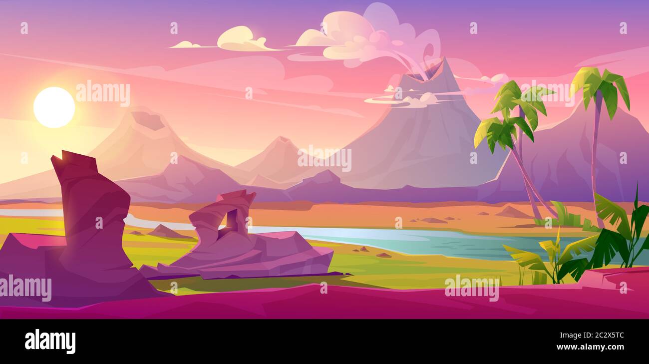 Prehistoric steaming volcanoes, cartoon volcanic background with palm trees, river and rock under pink sky with shining sun. Jurassic era of Earth evo Stock Vector