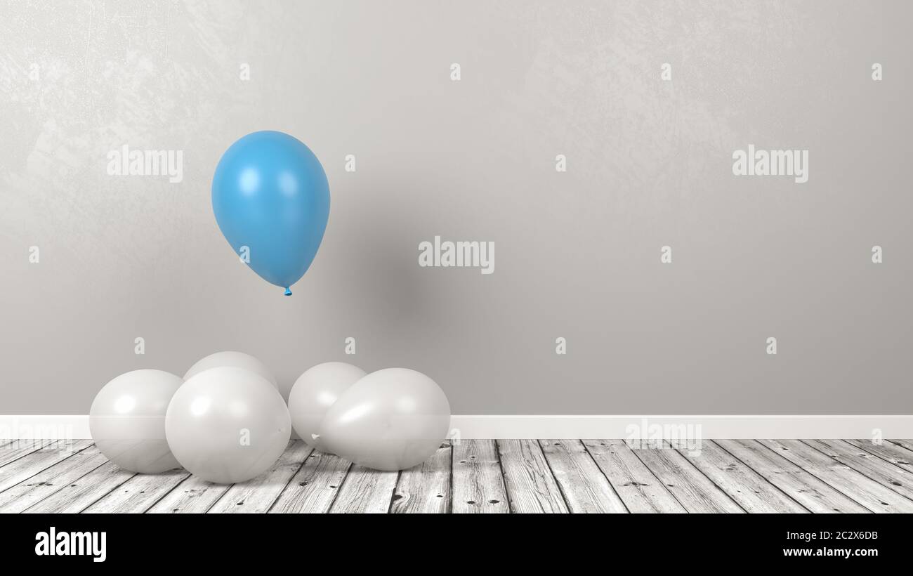 Blue Balloon Rising Up from a Crowd of White on Wooden Floor Against ...
