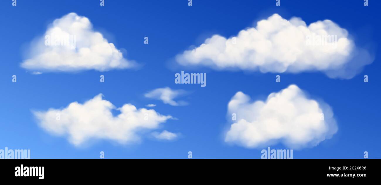White clouds in blue sky. Vector realistic fluffy different shapes clouds in clean heaven in summer or spring day. Sunny clear weather Stock Vector
