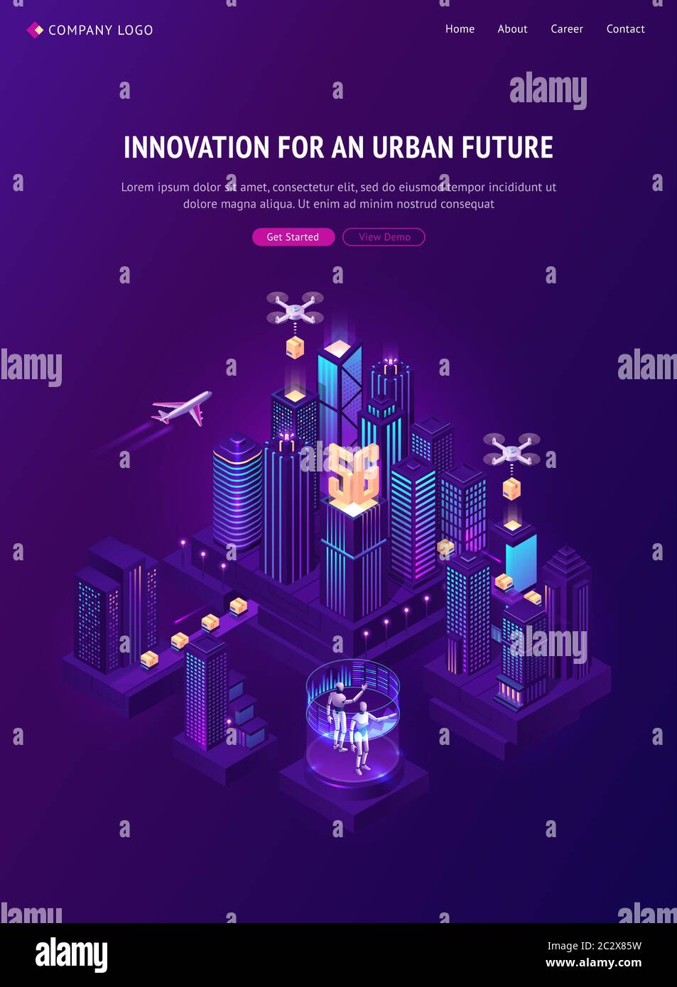 Innovation for urban future isometric landing page. Autonomous shipping technology. Vector isometric illustration of smart city with drone delivery ca Stock Vector