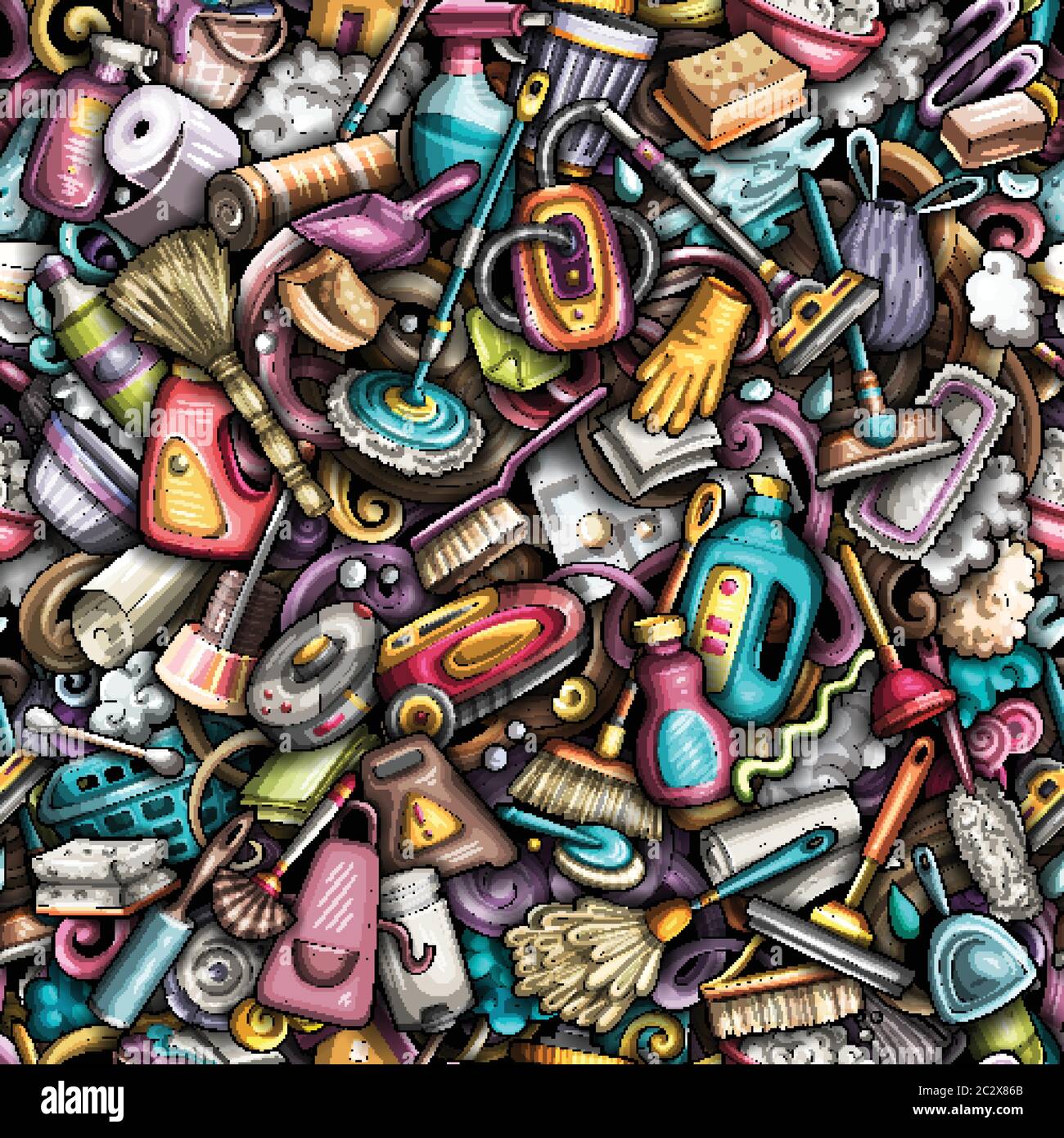 Cartoon cute doodles hand drawn Cleaning seamless pattern Stock Vector