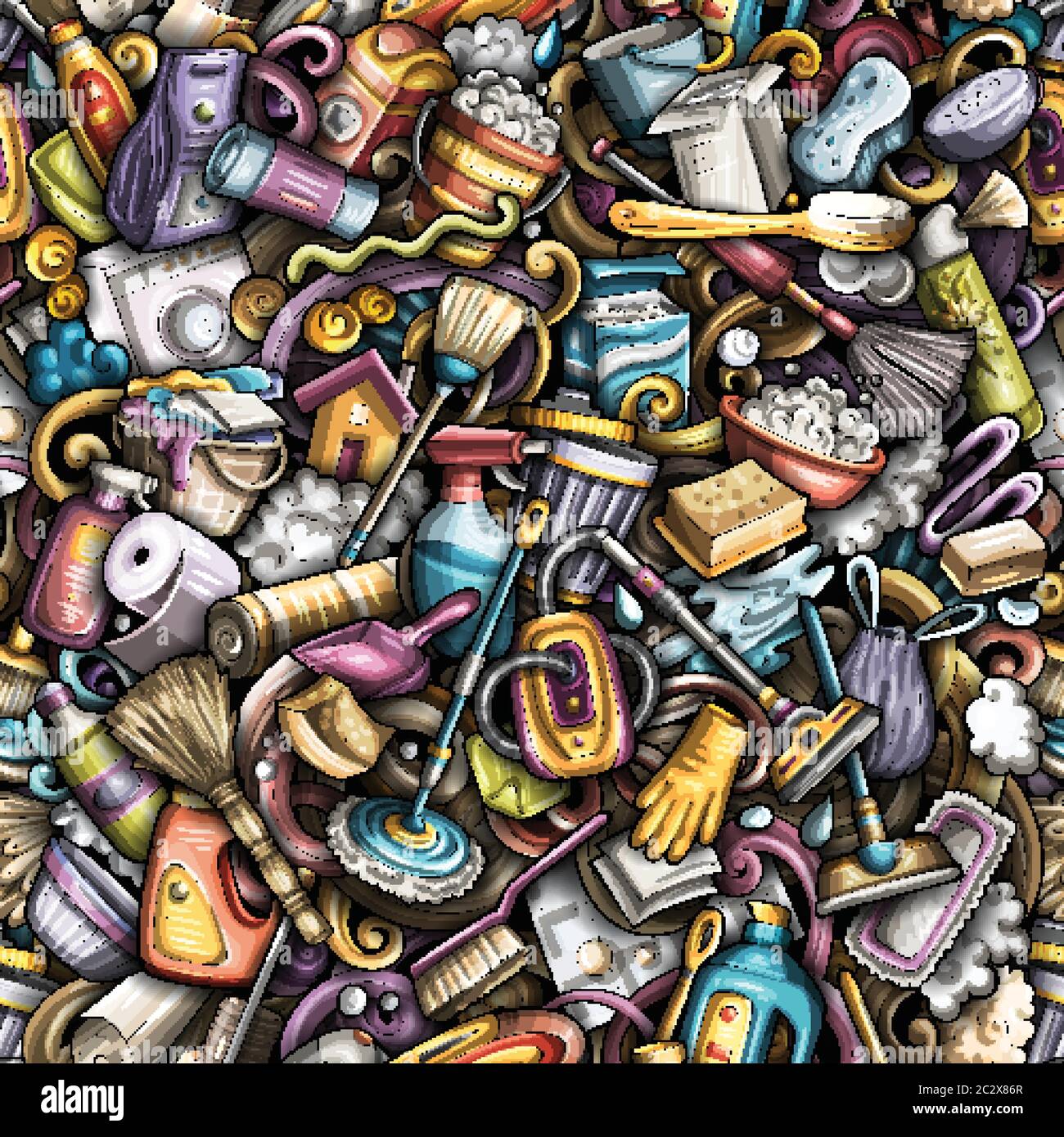 Cartoon cute doodles hand drawn Cleaning seamless pattern Stock Vector