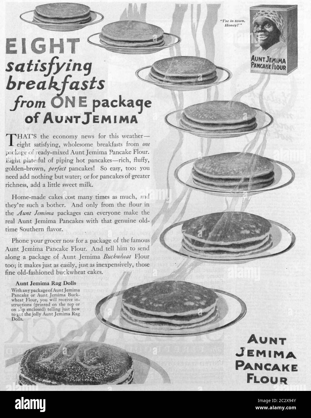 Aunt Jemima Advertisement, circa 1920. Eight satisfying breakfasts from one package Stock Photo