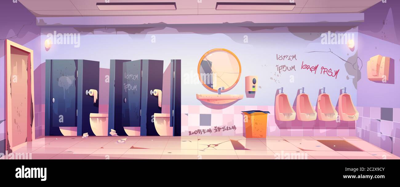 Dirty public restroom with messy toilet bowls and urinals, broken floor