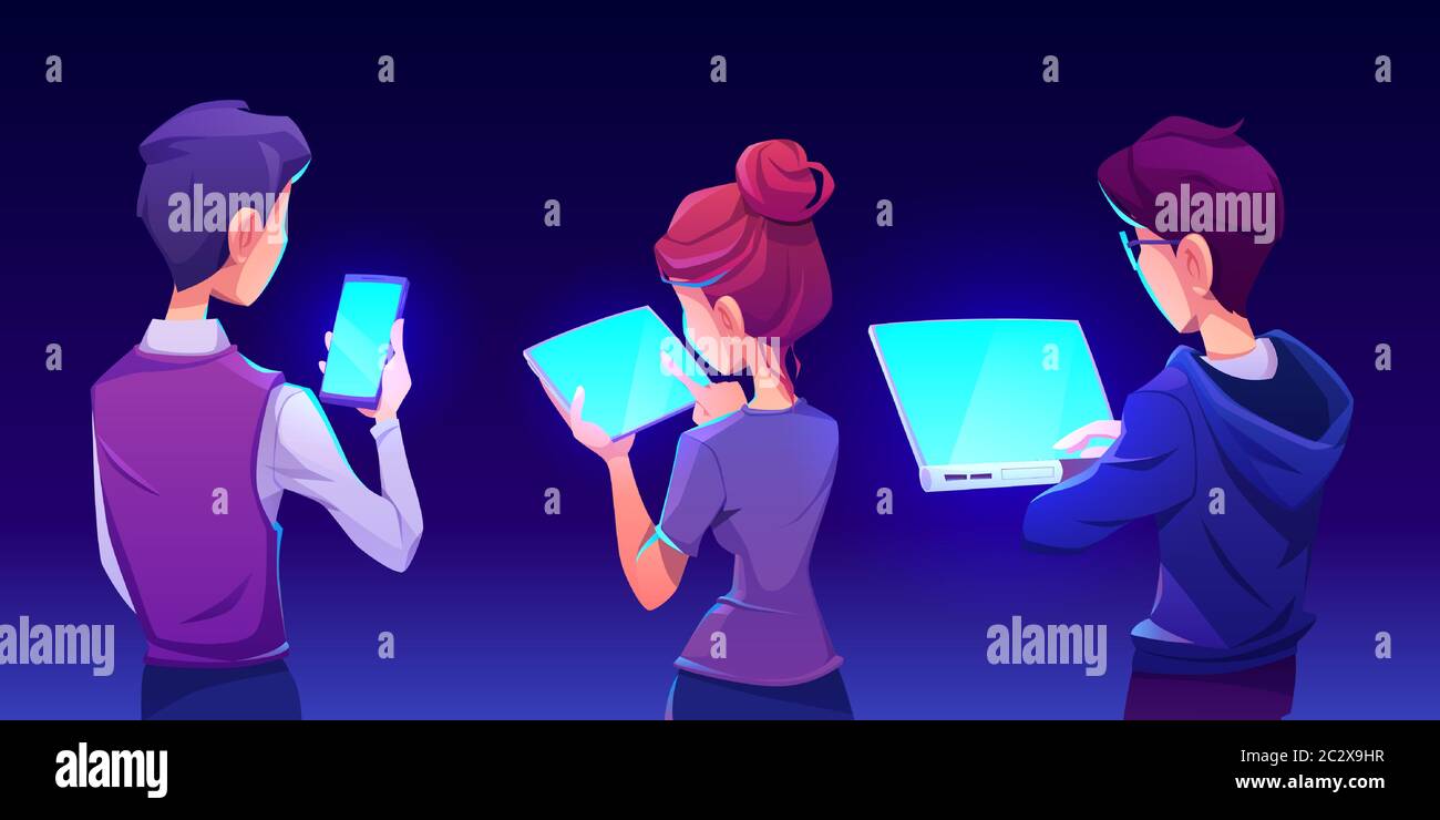 People using smartphone app. Man and woman hold mobile phone, tablet and  laptop with shiny blue screen back view. Vector cartoon illustration with  gad Stock Vector Image & Art - Alamy