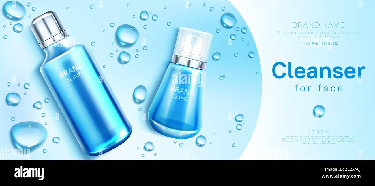 Cleanser, lotion and cream for face cosmetics bottle realistic vector banner. Skin care cosmetic pump tube on blue background with water drops. Facial Stock Vector