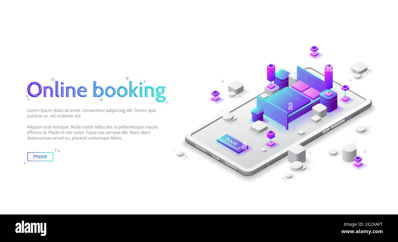 Online hotel booking isometric landing page. Book apartment room service, application for mobile phone. Double bed, nightstands and lamps standing on Stock Vector