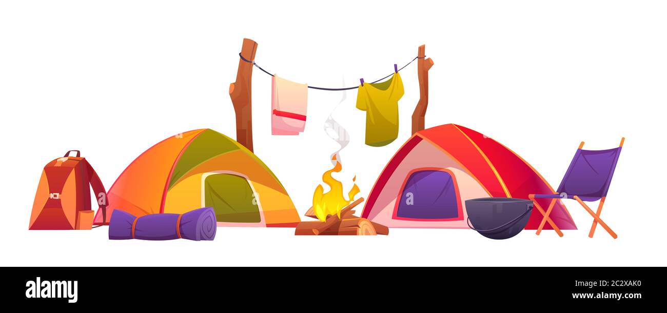 Camping equipment set. Tents, burning campfire, backpack, rolled sleeping bag, boiler, chair and clothing hanging on rope for drying isolated on white Stock Vector
