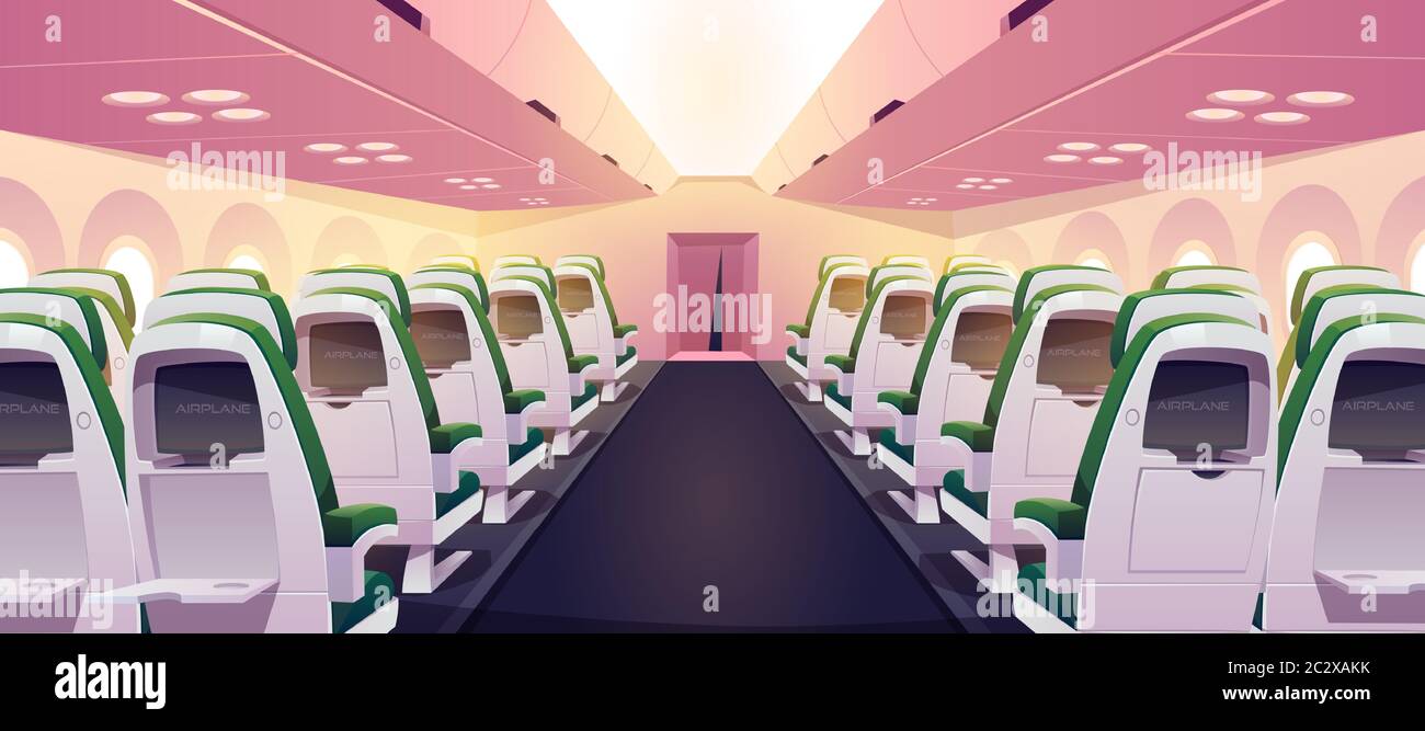 Empty Airplane Interior With Chairs Digital Screens And Folding Tables
