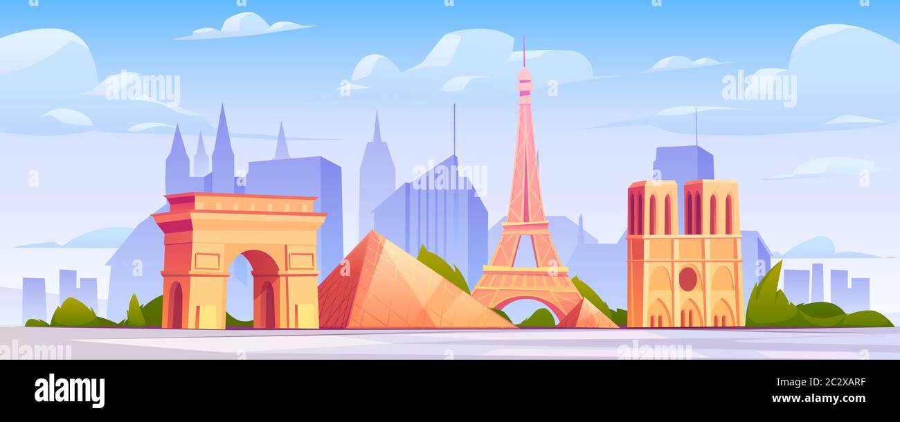 FEBRUARY 12, 2020. Vector cartoon illustration of Paris landmarks, Eiffel Tower, Louvre museum building, Notre Dame Cathedral, Triumphal Arch, France Stock Vector
