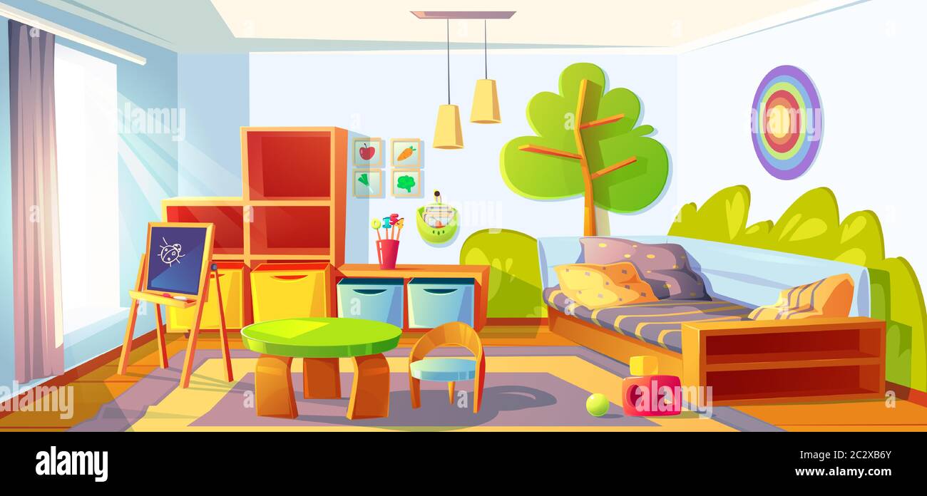 Kids bedroom, empty child room indoors interior with bed, montessori toys, wooden furniture, shelves and equipment for games and studying, blackboard Stock Vector