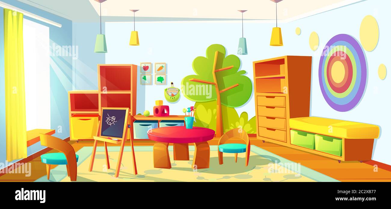 Kids playroom interior, empty indoors nursery room playground with montessori toys, wooden furniture, shelves and equipment for games and studying, bl Stock Vector