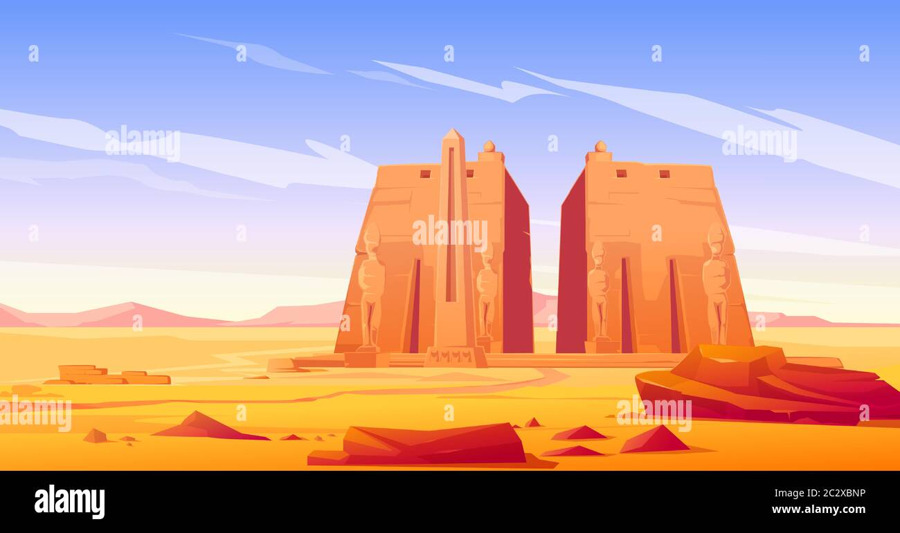 Ancient egyptian temple with pharaoh or god statue and obelisk. Vector cartoon landscape of desert in Egypt with famous landmarks, antique stone monum Stock Vector