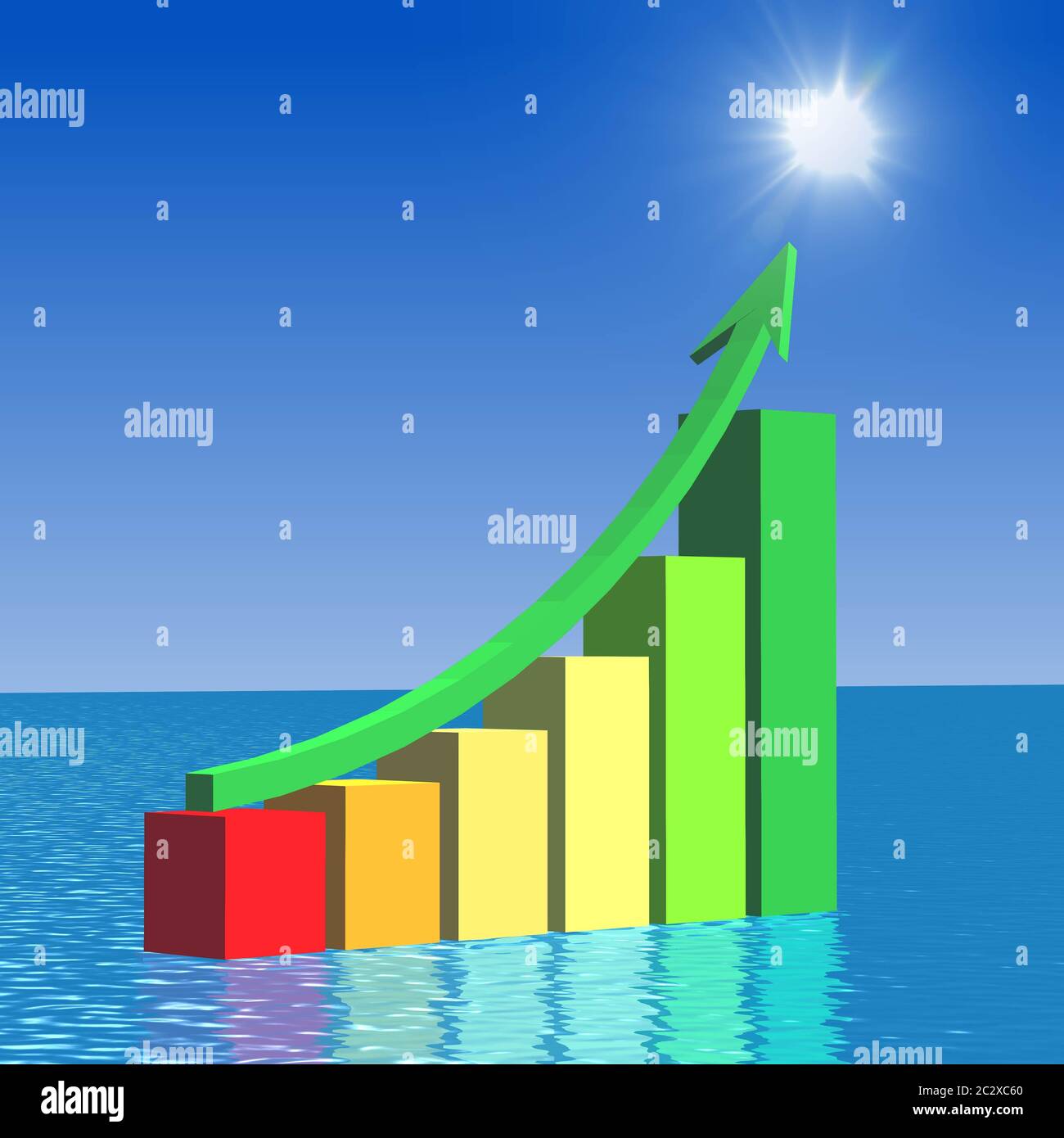 Green ecology concept - compilation of 3D bar graph and ascending arrow over blue water Stock Photo