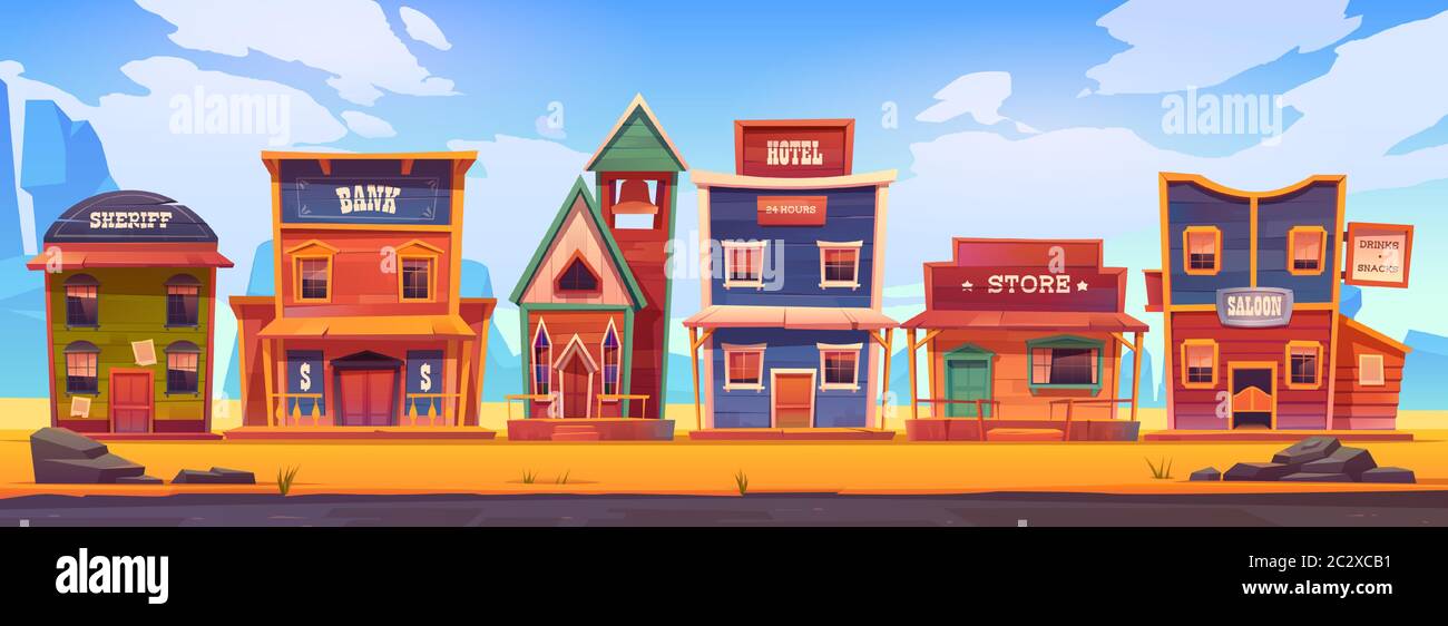 Western town with old wooden buildings. Wild west landscape for game gui. Vector cartoon illustration of wild west city street with catholic church, s Stock Vector Image & Art - Alamy Western town with old wooden buildings. Wild west landscape for game gui. Vector cartoon illustration of wild west city street with catholic church, s Stock Vector Image & Art - Alamy