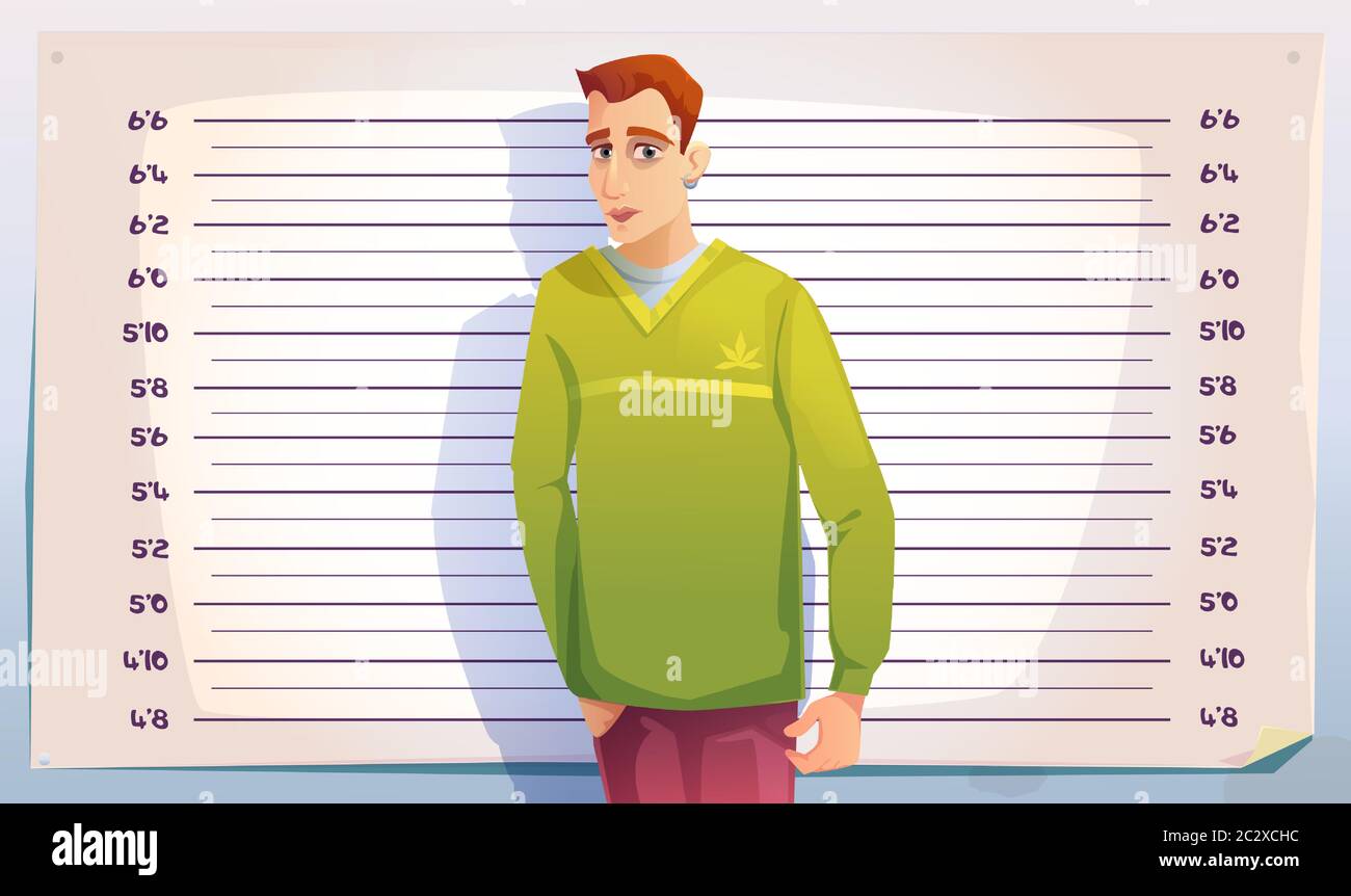 Criminal mugshot in police or prison. Photo of arrested man on scale of height background. Vector cartoon illustration of mug shot of gangster, drug d Stock Vector