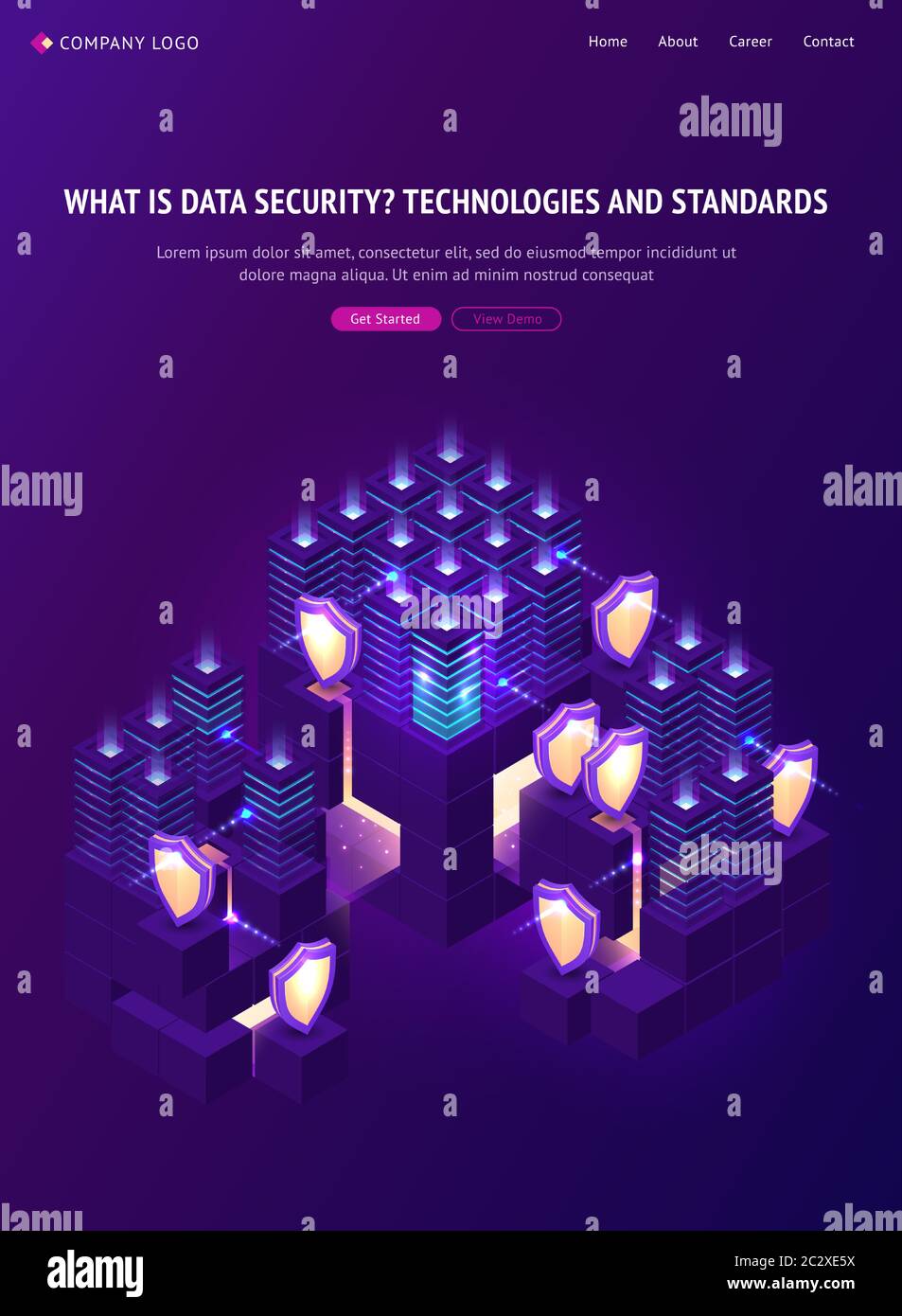 Cyber data security isometric landing page. Computing internet digital technology, blockchain, database protection. Server room protected with shields Stock Vector