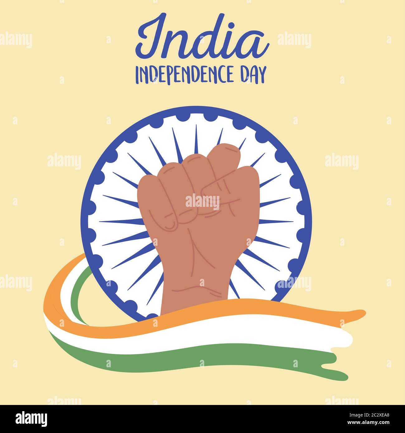 happy independence day india, raised hand wheel and flag symbol vector