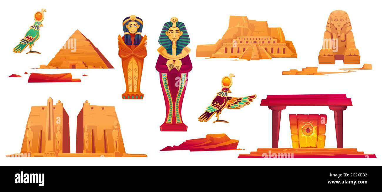 Ancient Egypt landmarks. Vector icons set of sculptures of egyptian gods, sphinx, pyramid and golden sarcophagus of pharaoh and queen. Historical temp Stock Vector