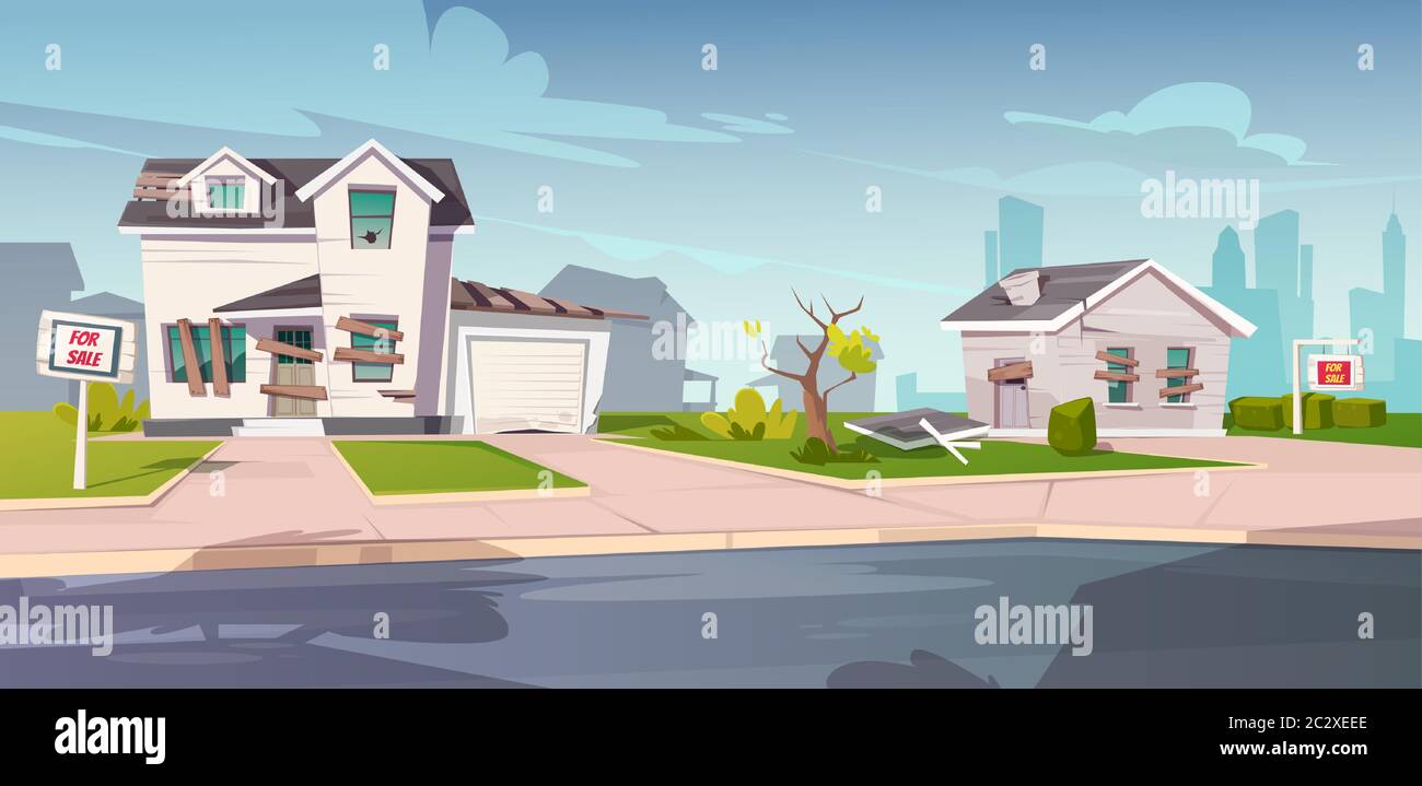 Abandoned houses for sale, crashed cottages with boarded up and broken windows, cracked walls and signboards on front yard. Old ruined buildings in do Stock Vector