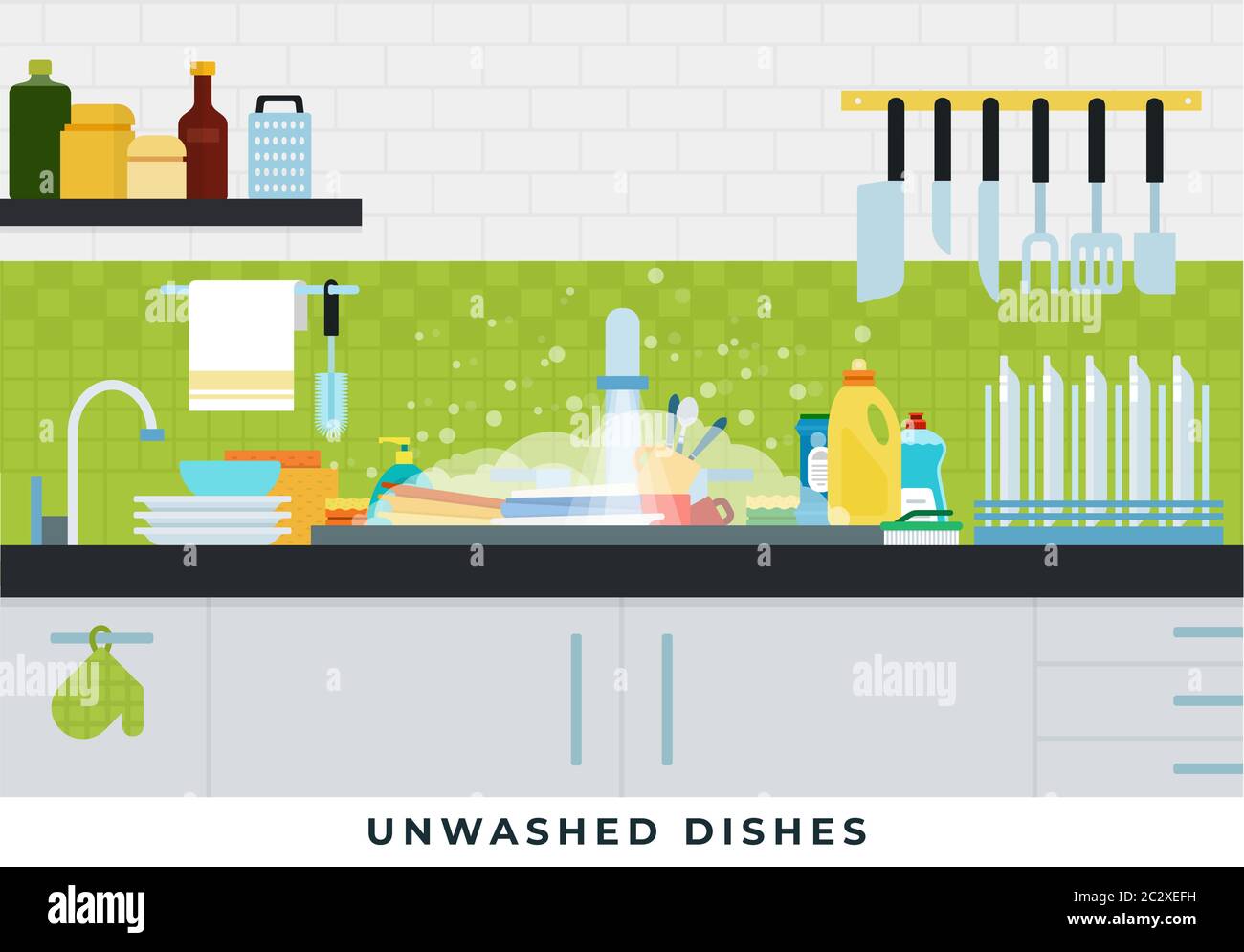 Unwashed dishes in the sink in the kitchen vector illustration in flat style. Stock Vector
