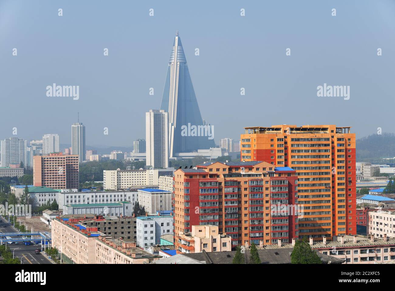 North Korea, Pyongyang - May 1, 2019: View on the Ryugyong Hotel, an unfinished 105-story pyramid-shaped skyscraper & the first tall building in Pyong Stock Photo