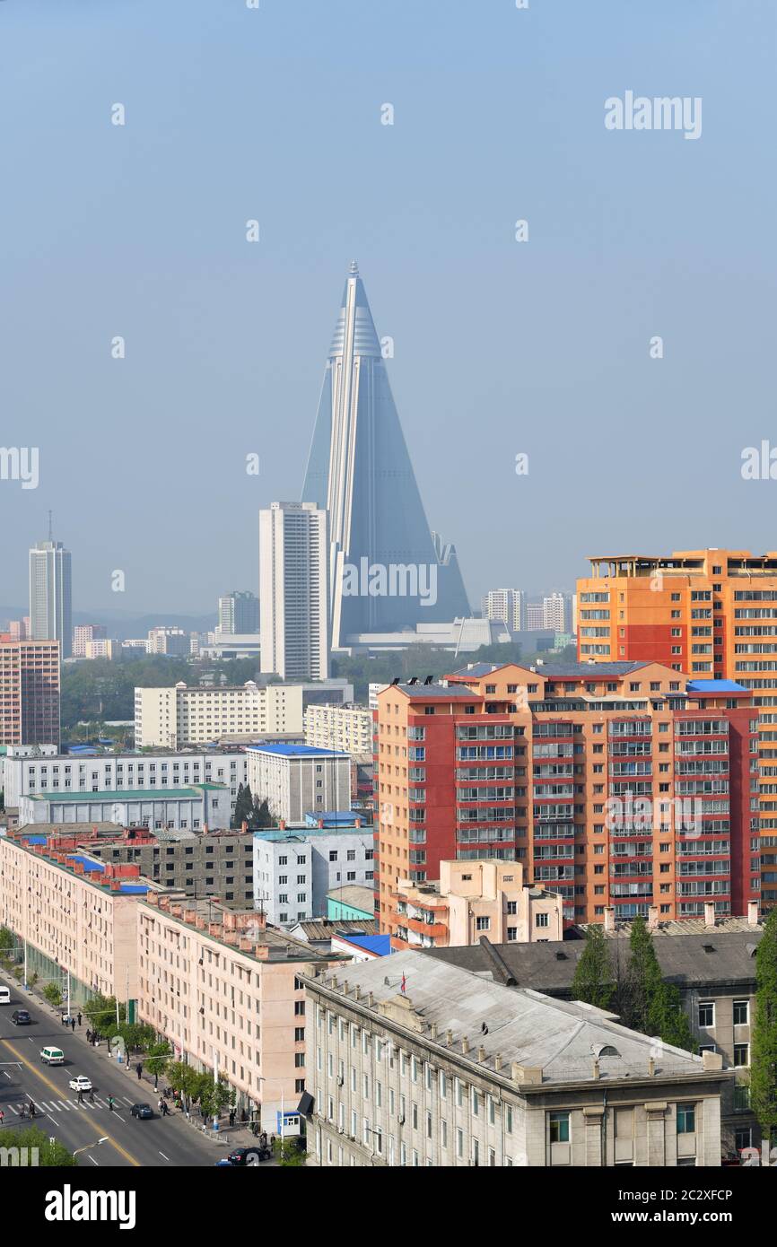 North Korea, Pyongyang - May 1, 2019: View on the Ryugyong Hotel, an unfinished 105-story pyramid-shaped skyscraper & the first tall building in Pyong Stock Photo