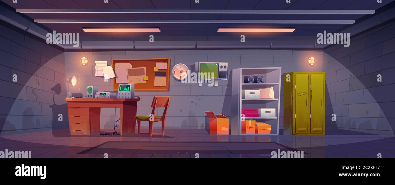 Underground bunker interior with lockers, appliances on desk, stocks on shelves and hatchway in floor. Vector cartoon illustration of bomb shelter for Stock Vector