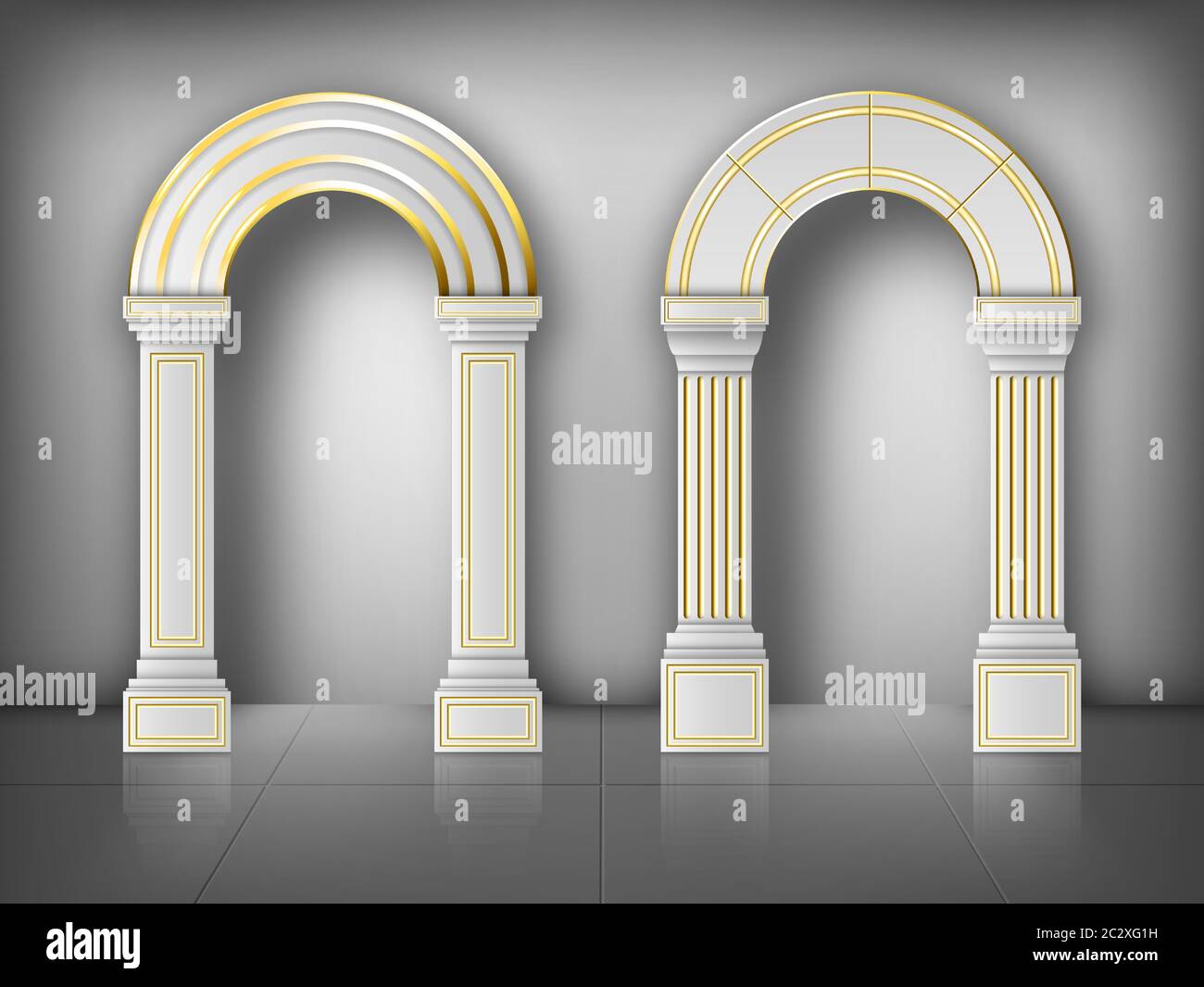 Arches with columns in wall, interior gates with white pillars and gold decoration in palace or castle. Archway frames, portal entrance, antique doorw Stock Vector